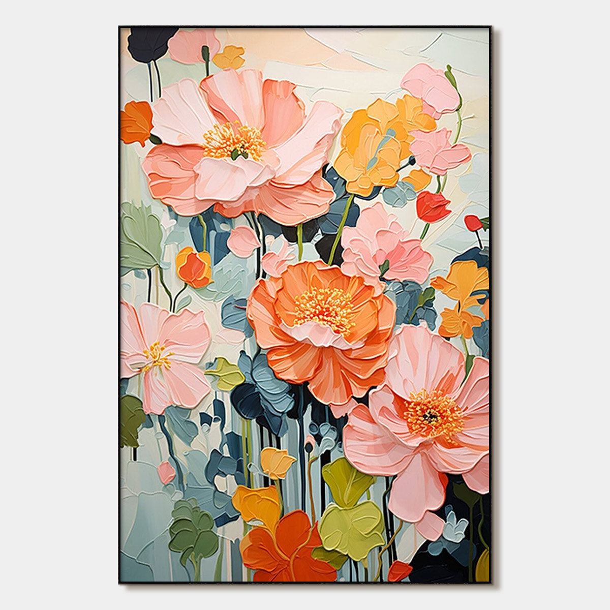 Spring Bouquet: Vertical Textured Floral Painting | Impasto Pink & Orange Flowers | Living Room, Bedroom, Dining Room
