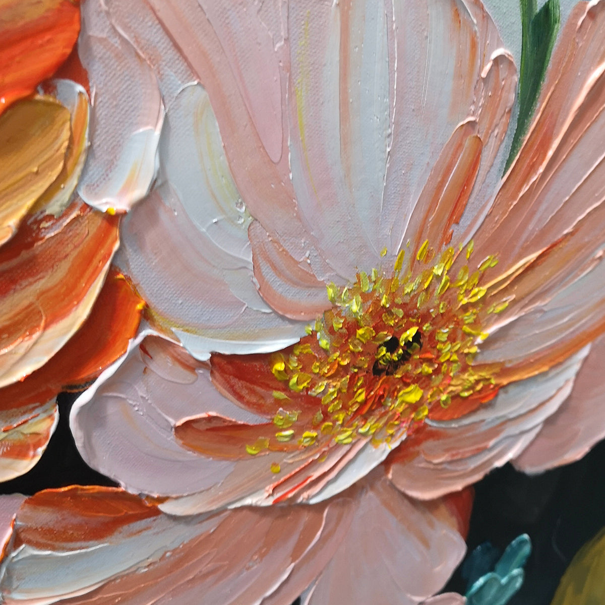 SPRING BOUQUET: Vertical Textured Floral Painting, Impasto Pink and Orange Flowers, Living Room, Bedroom, Dining Room