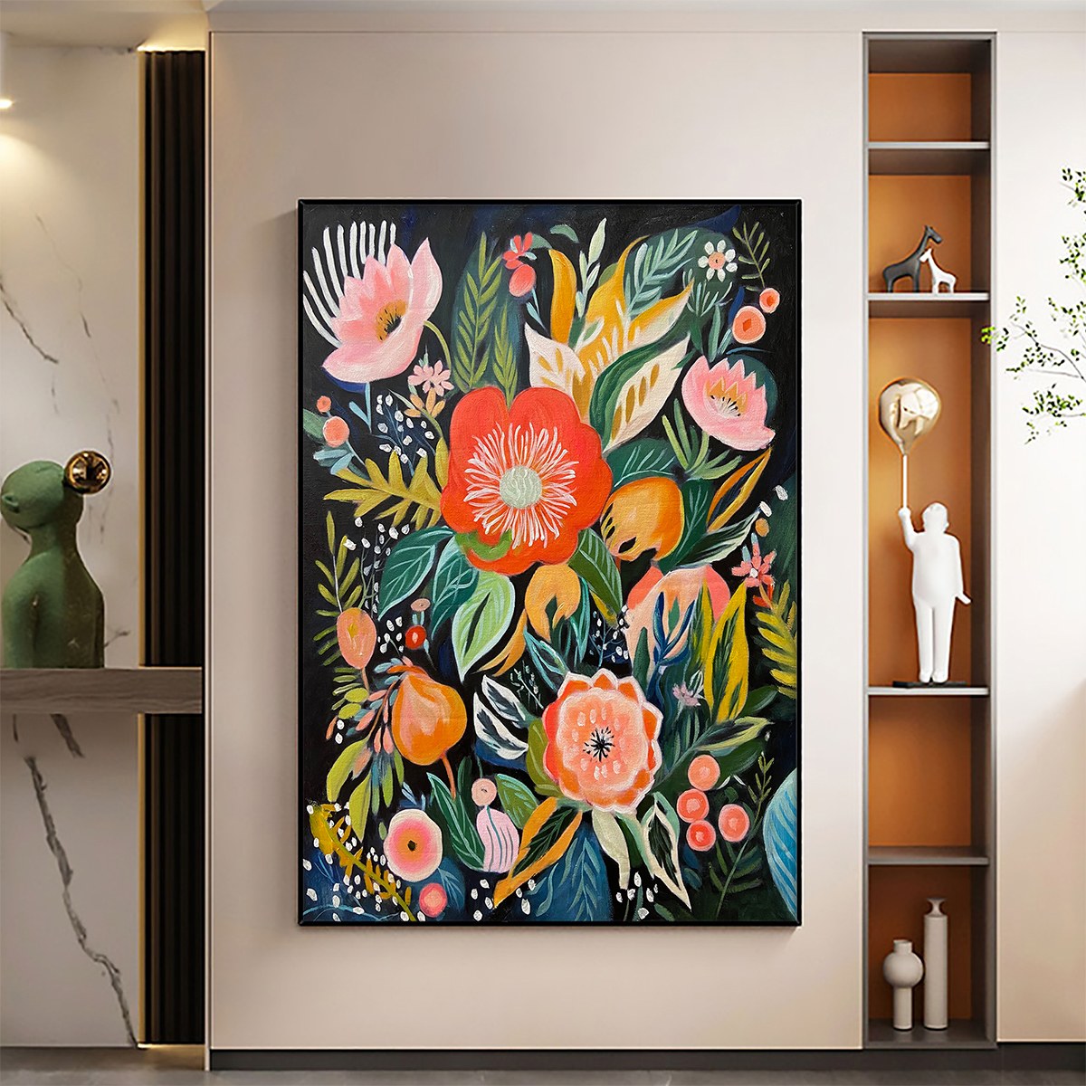 Midnight Garden: Floral Boho Oil Painting Canvas Wall Art Decor