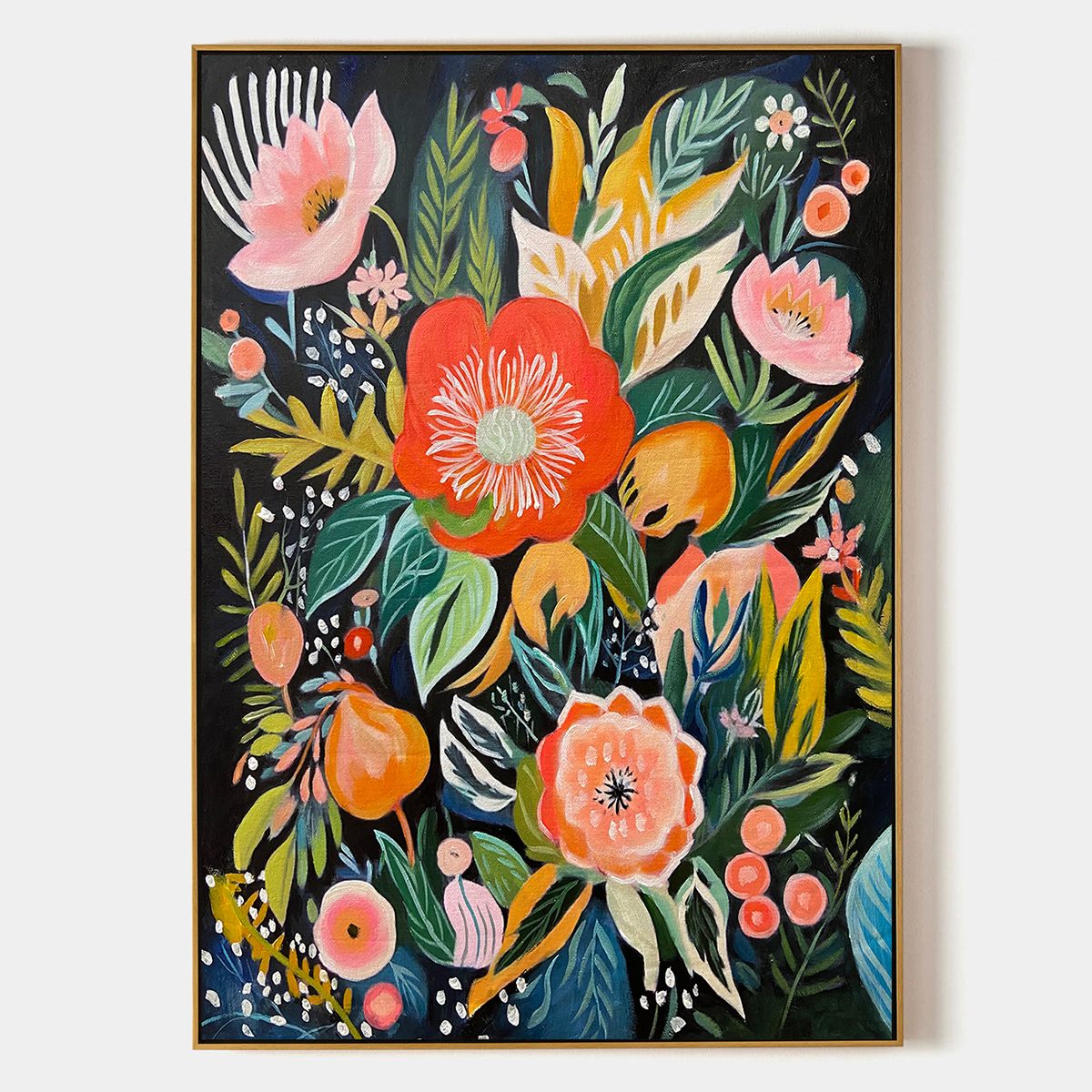 Midnight Garden: Floral Boho Oil Painting Canvas Wall Art Decor