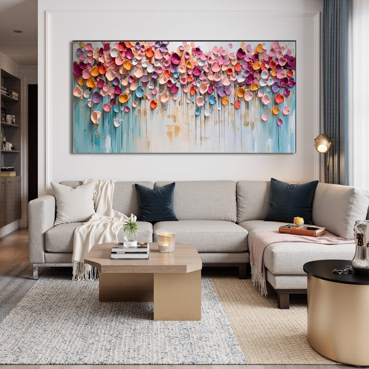 Hand-Painted Oil Painting - Colorful Floral Wall Art in Pink, Blue for Living Room Decor