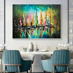 Vivid Regatta: Panoramic Sailboat Painting | Colorful | Impasto | Beach & Sea | Living Room, Office, Hotel