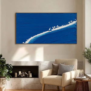 Handmade textured oil painting wall art, minimalist seascape sailboat impasto wave.