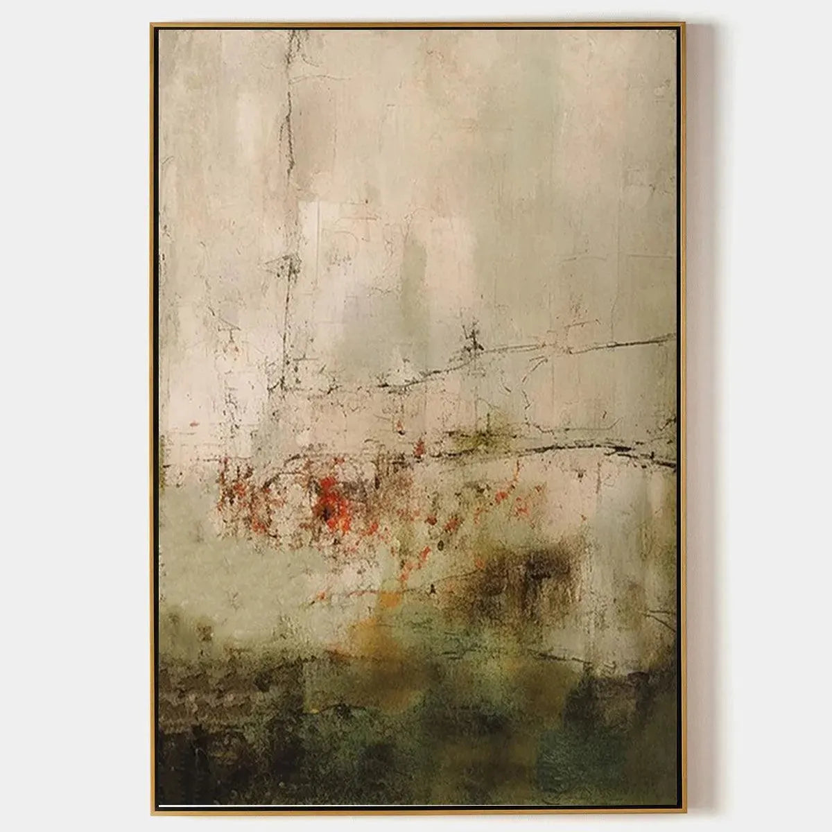 Textured abstract vertical painting Wabi Sabi Terrain, muted colors with red accents, gold frame.