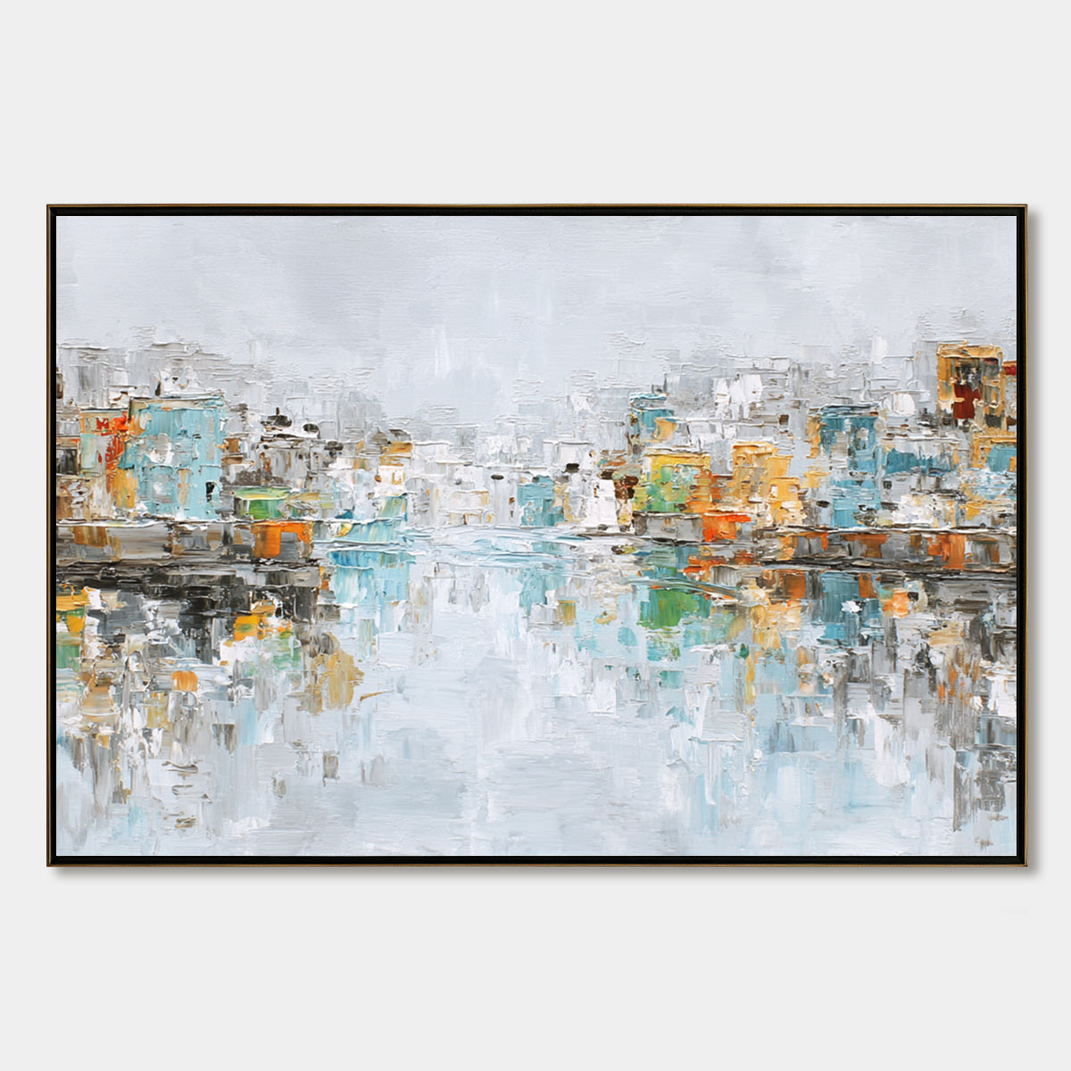 WATERFRONT VIBRANCY: Textured Abstract Cityscape Oil Painting on Canvas