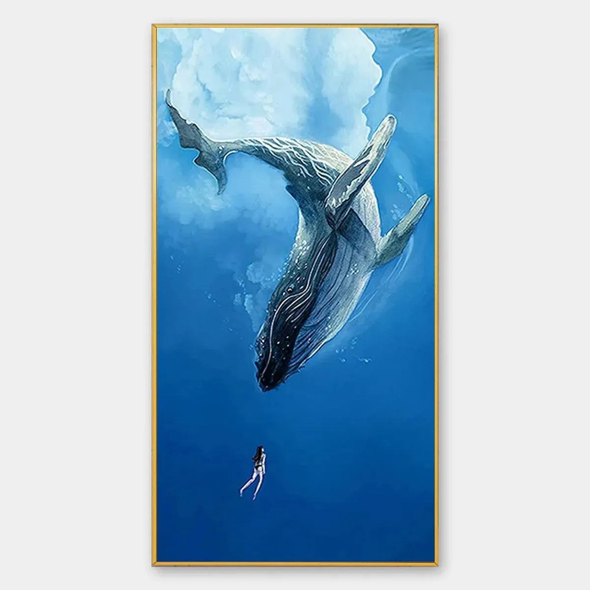 Whale Encounter vertical art by Ethan Walker: whale and diver in ocean, blue hues, gold frame.