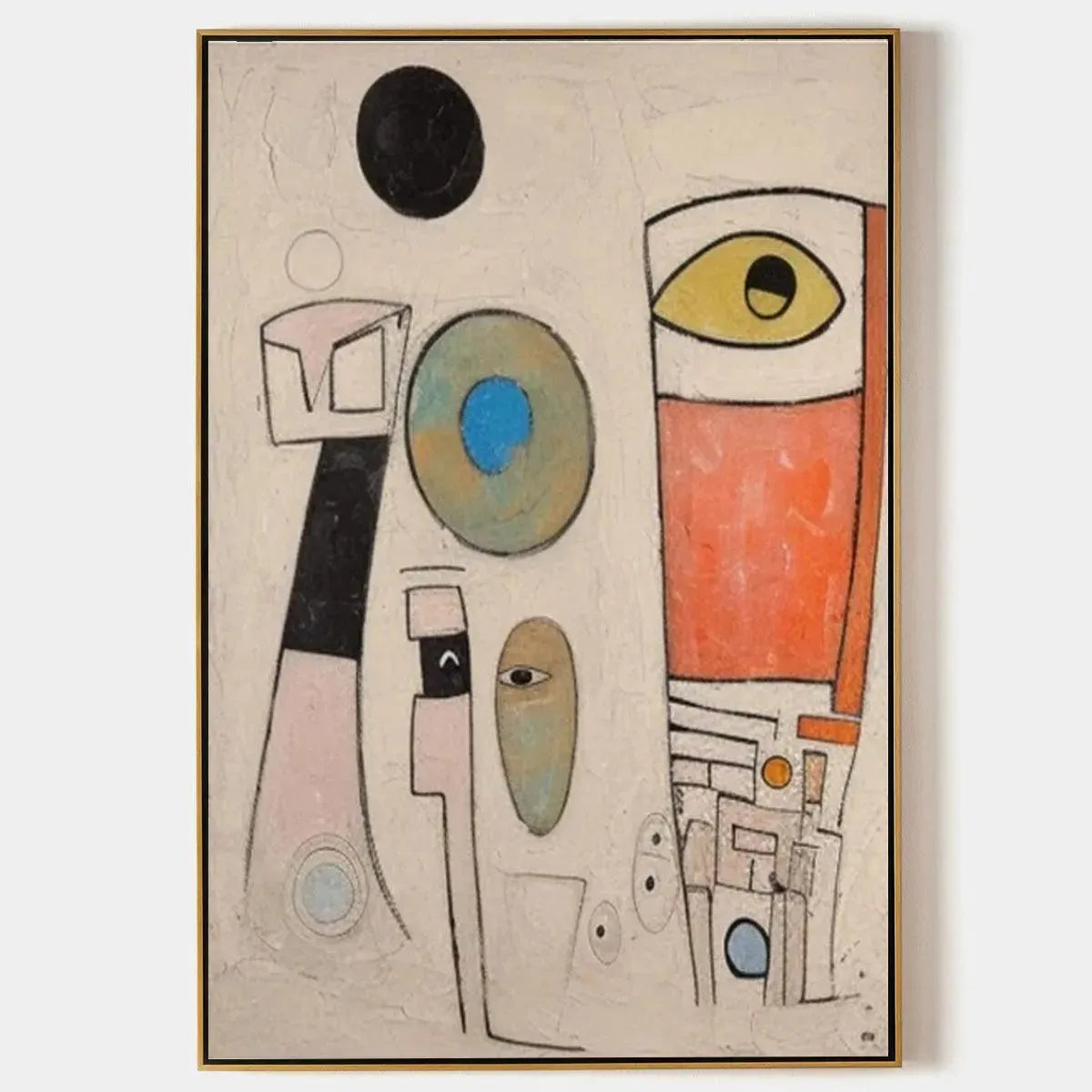 Whimsical Forms colorful abstract painting by Willow Davies. Modern wall art with bold colors in a gold frame.