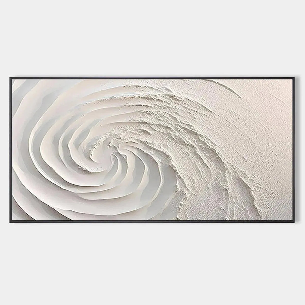 Textured white abstract swirl painting, "WHIRLWIND" by Isabella Rossi, showcasing thick impasto technique on canvas.