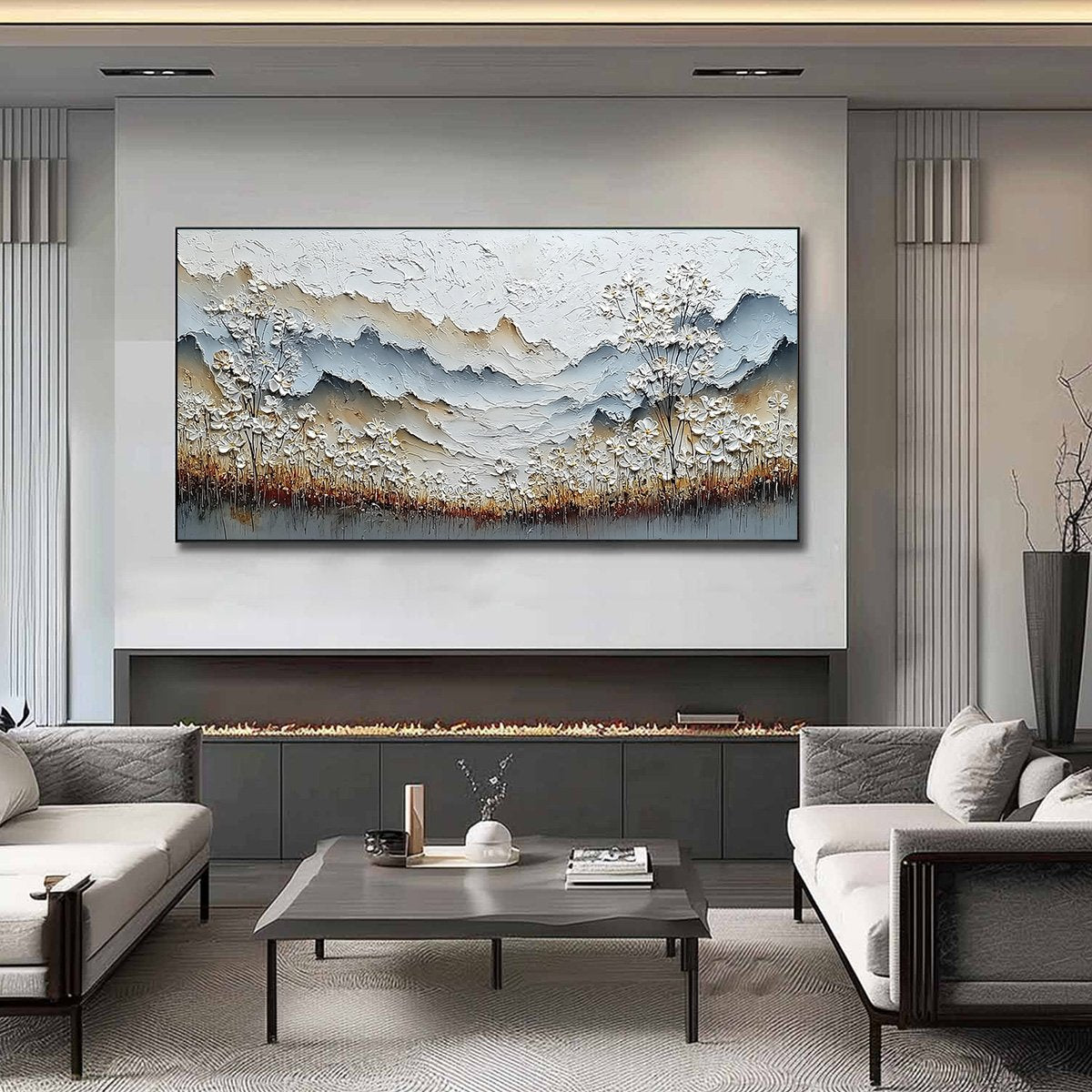 WHISPERING MEADOW: Heavily Textured Wabi Sabi Mountain & Flower Landscape Painting