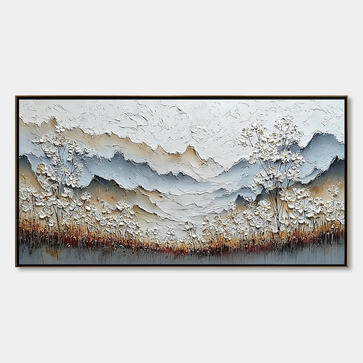 WHISPERING MEADOW: Heavily Textured Wabi Sabi Mountain & Flower Landscape Painting