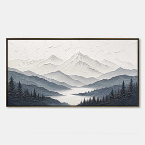 Monochrome textured mountain lake wall art with layered peaks and pine trees
