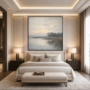 Textured Wabi-Sabi coastal landscape painting in muted beige and gray tones