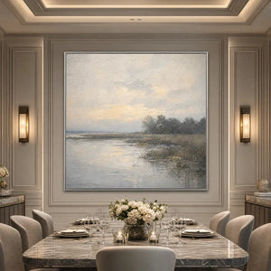 Textured Wabi-Sabi coastal landscape oil painting in beige and grey tones above dining table