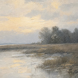 Textured Wabi-Sabi coastal landscape painting with muted beige, gray and soft yellow tones