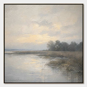 Textured Wabi-Sabi coastal landscape painting with misty water, reeds, and soft beige-gray tones