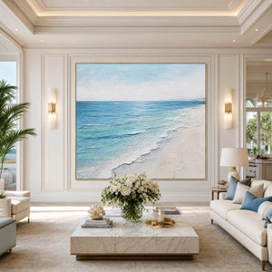 Textured minimalist beach scene painting with blue ocean and white sand