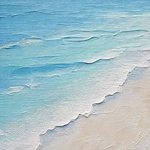 Textured minimalist beach scene painting in blue and white with foamy shoreline