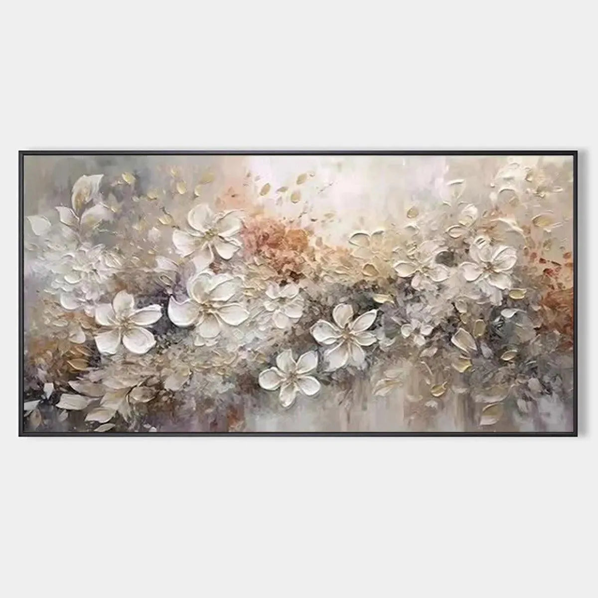 Textured impasto painting, white and beige florals, neutral tones, horizontal art.