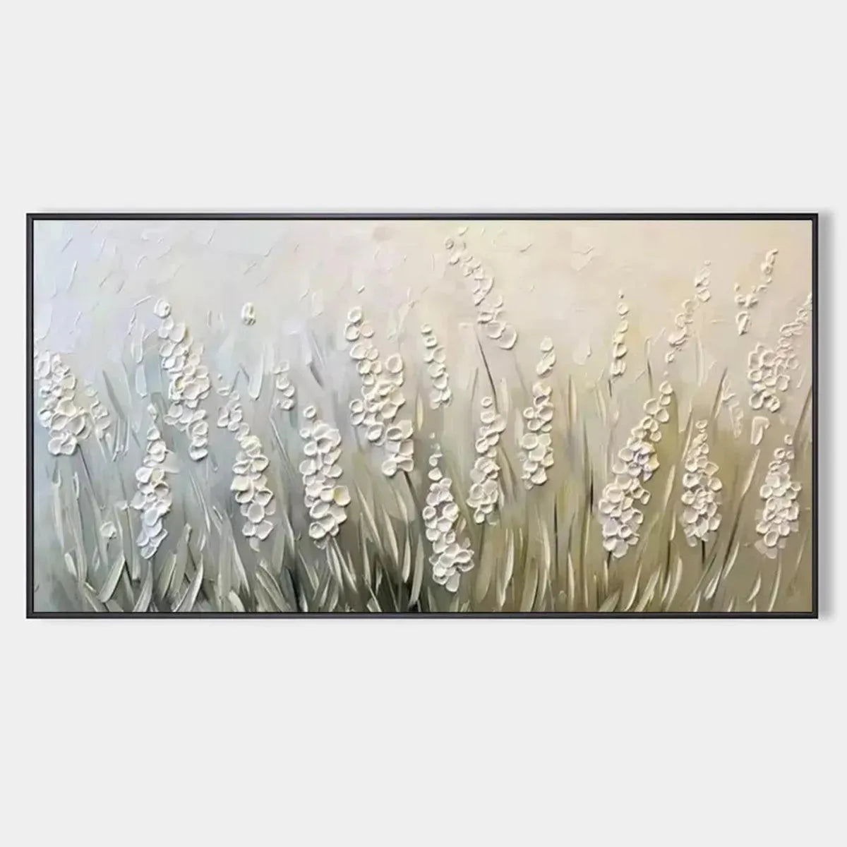 Textured white floral painting on panoramic canvas, minimalist impasto style by Elodie Dubois