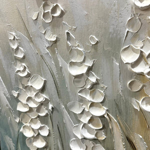 WHISPERING FIELDS: Textured White Floral Painting, 3D Flower Wall Art, Panoramic Canvas, Serene Decor