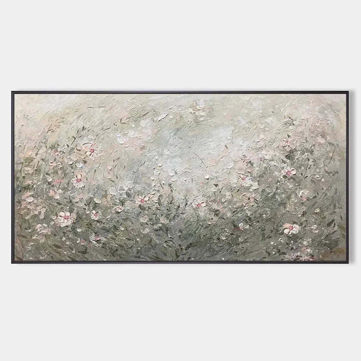 Whispering Meadow painting by Elodie Dubois: Impressionistic wildflower landscape with a serene ambiance, black framed.