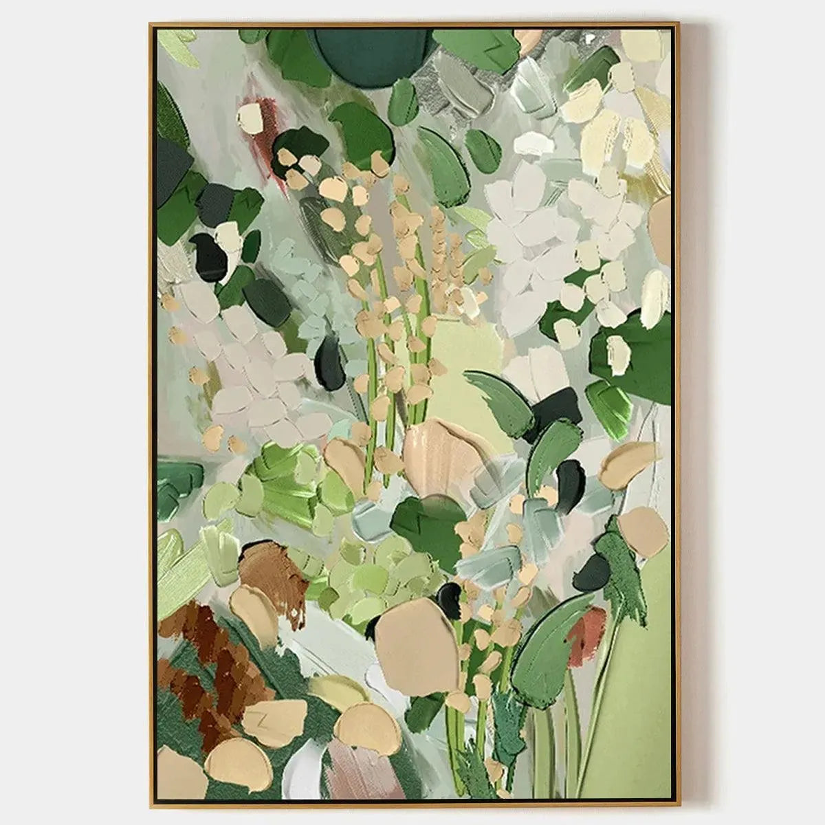 Original textured abstract floral painting 'Whispering Meadow' in green and gold with impasto brushstrokes.