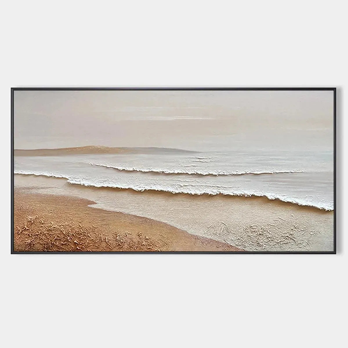Textured coastal landscape painting of serene beach with beige sand and white impasto waves.