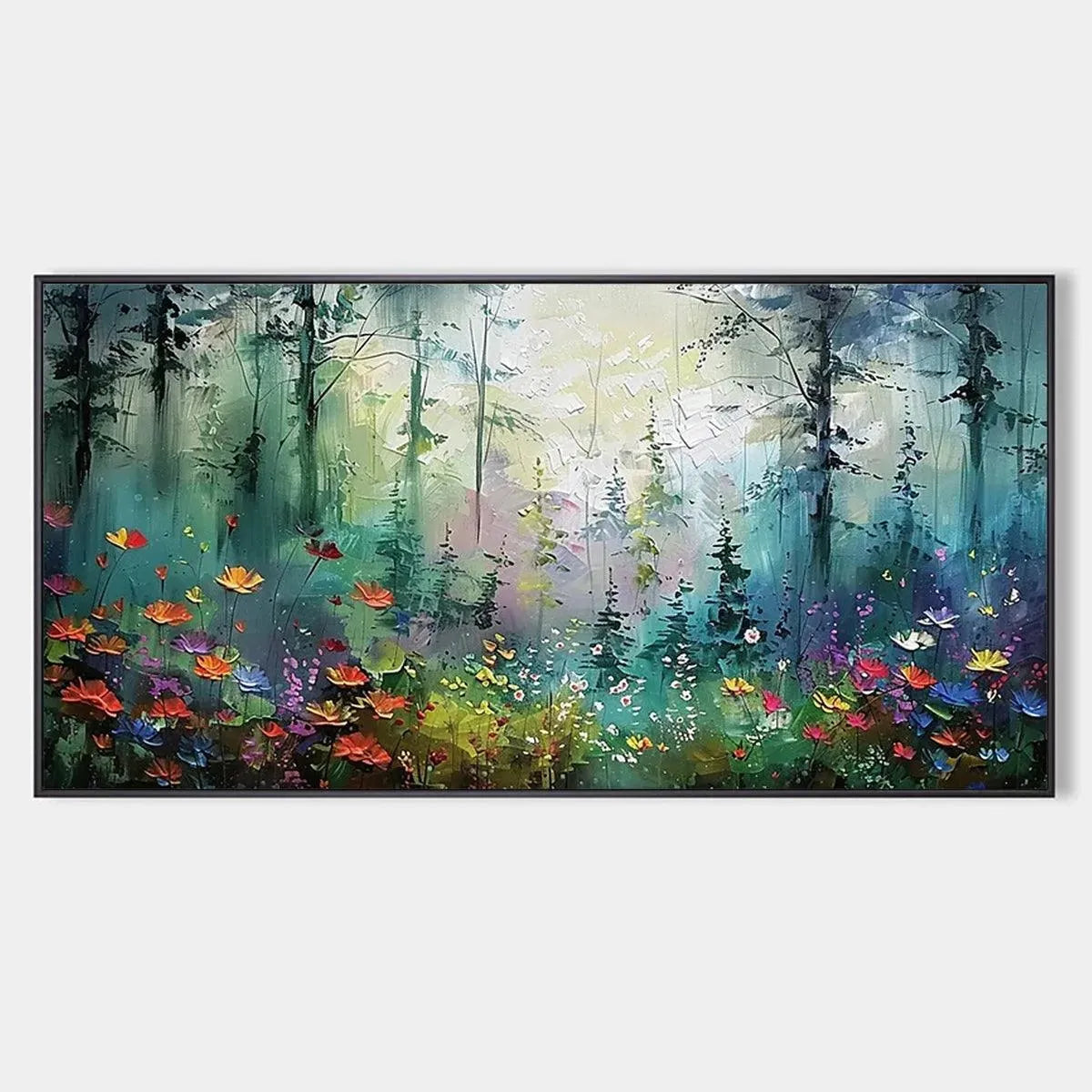 Original impressionistic forest landscape painting with vibrant wildflowers and sunlit trees in black frame.