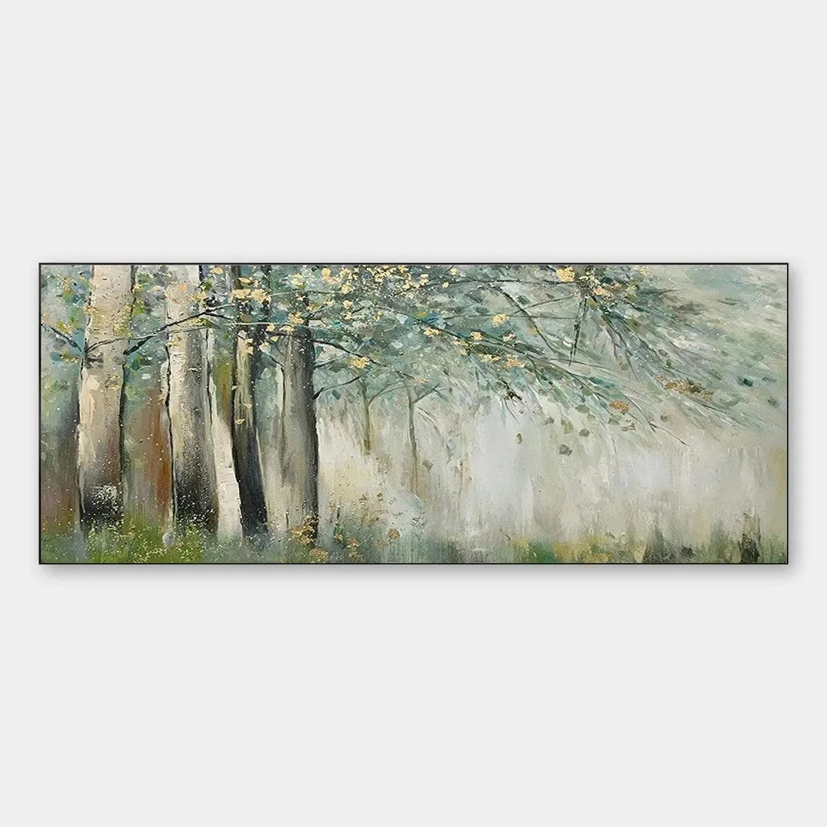 Green and gold misty forest landscape painting with shimmering gold leaf details.