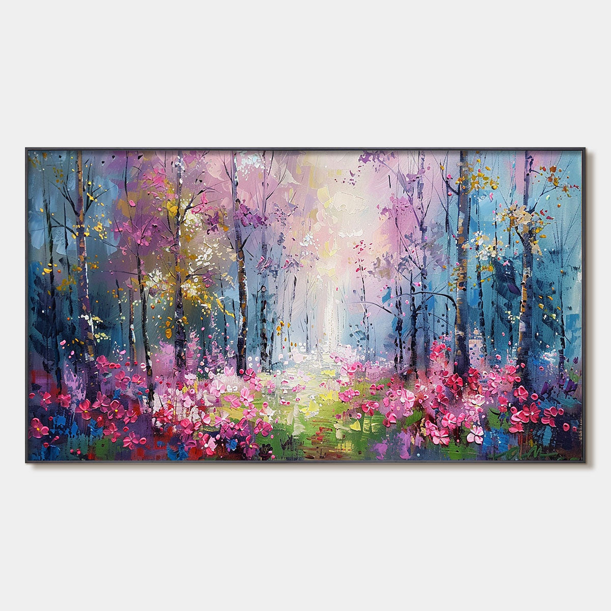 Whispering Woods: Original Impasto Floral Forest Oil Painting - Textured Pink and Purple Forest Wall Art Decor