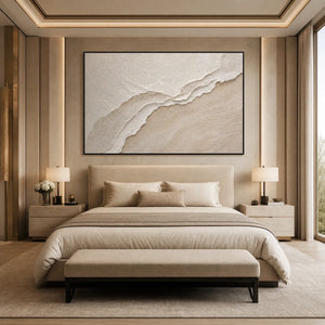 Textured beige and white coastal abstract painting in a modern bedroom