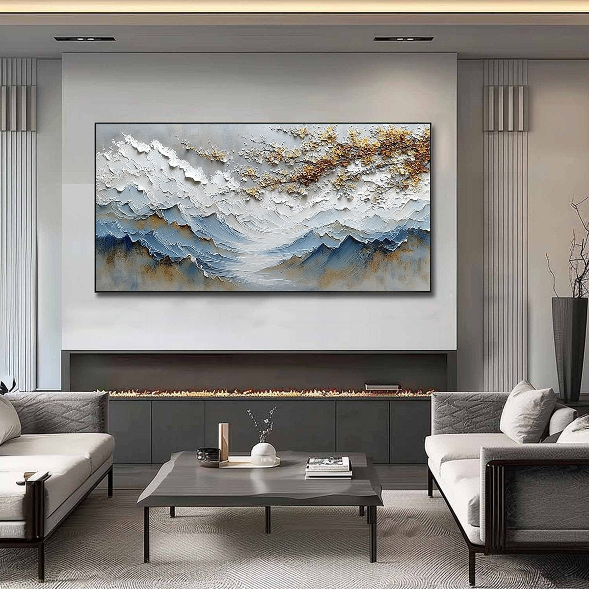 WHISPERS OF THE VALLEY: Textured Mountain Landscape Painting with Golden Blossoms