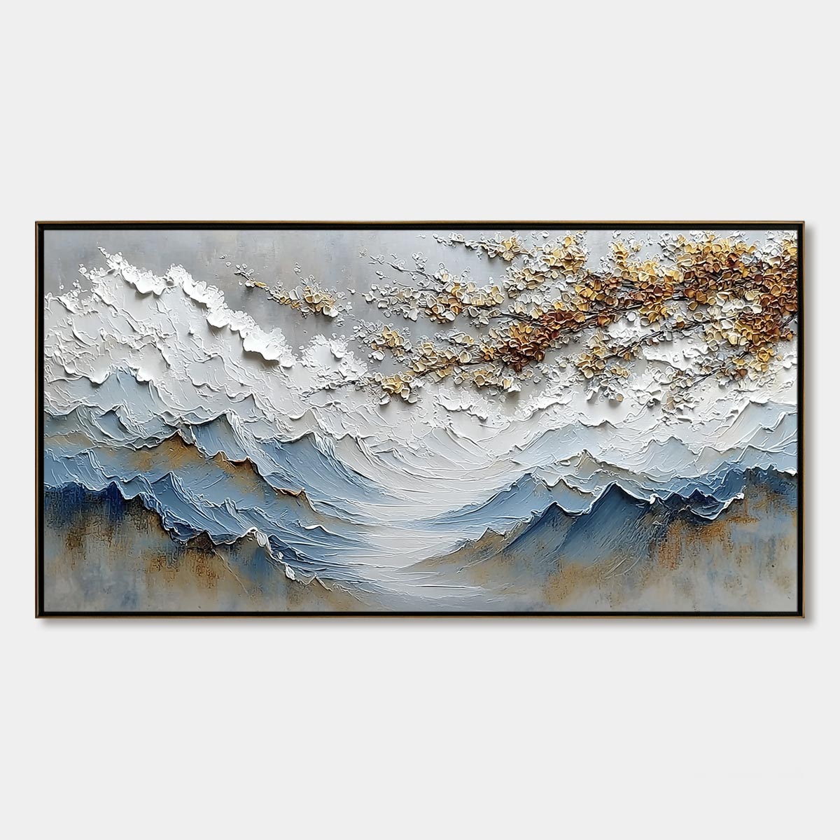 WHISPERS OF THE VALLEY: Textured Mountain Landscape Painting with Golden Blossoms