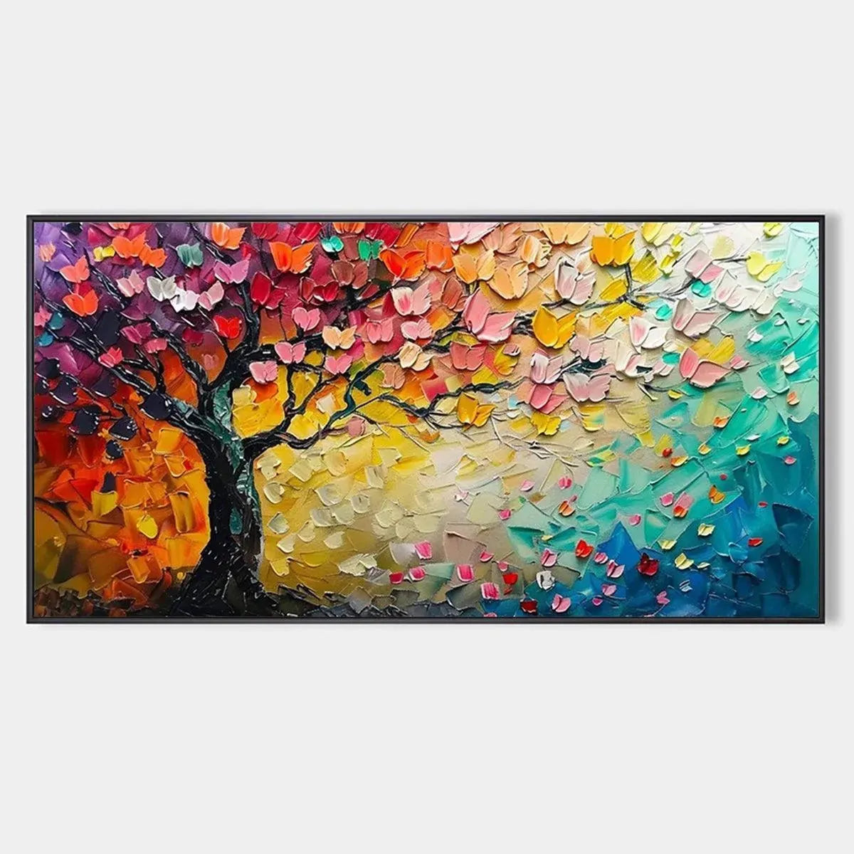 Textured impasto painting of a silhouetted tree with vibrant, colorful leaves and butterflies. Horizontal artwork.