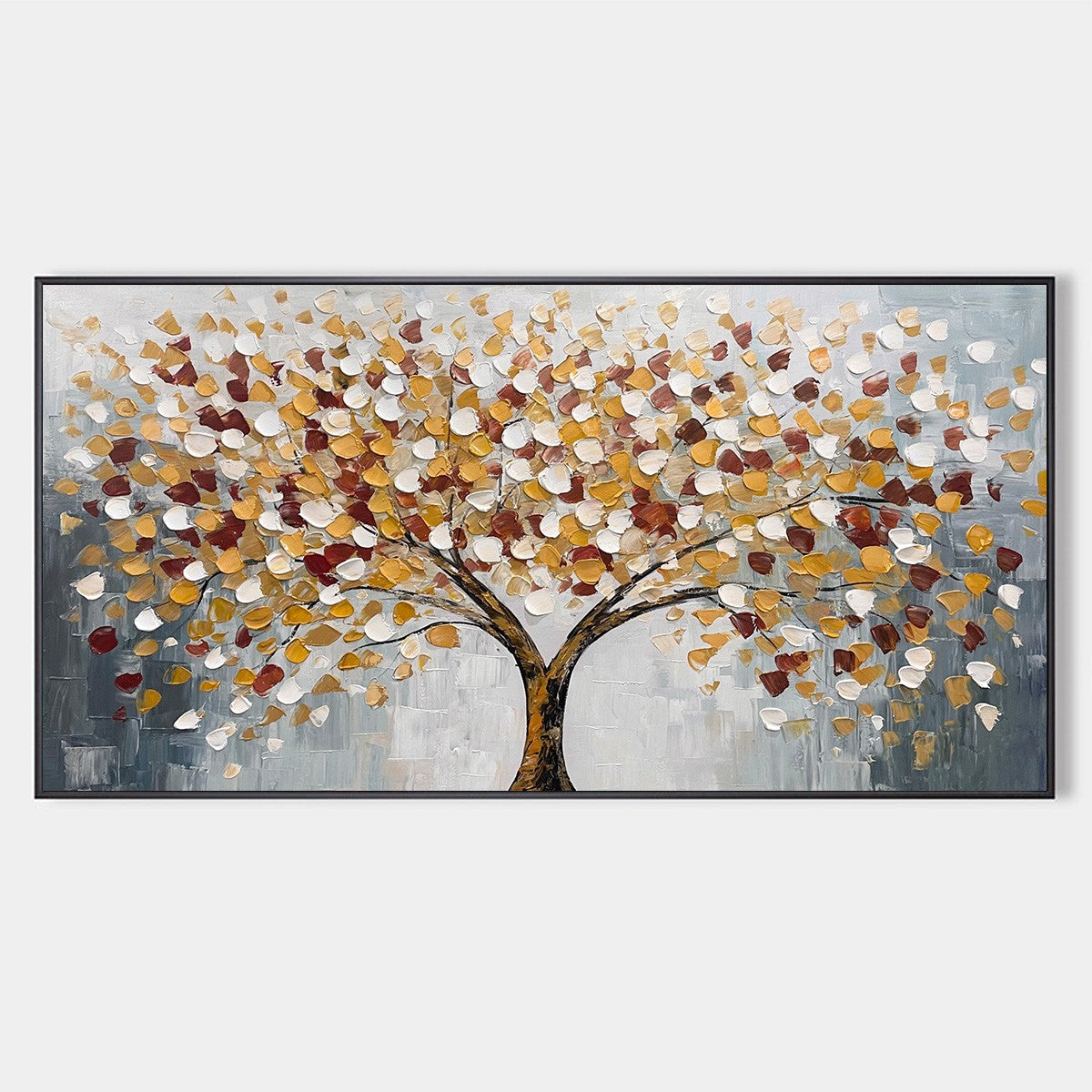 Whispers of Autumn: Textured Tree of Life Oil Painting Canvas Wall Art Decor in Gold and Burgundy