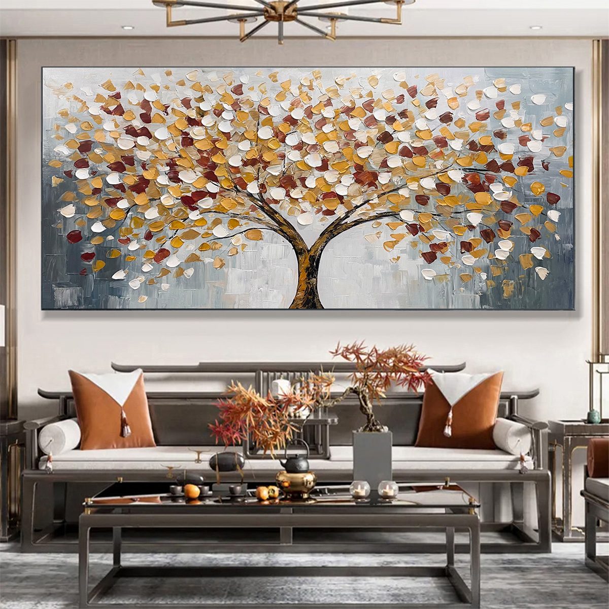 Whispers of Autumn: Textured Tree of Life Oil Painting Canvas Wall Art Decor in Gold and Burgundy