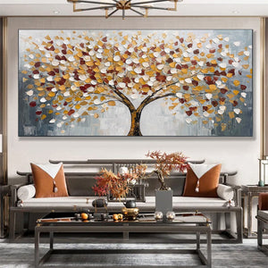 Whispers of Autumn: Textured Tree of Life Oil Painting Canvas Wall Art Decor in Gold and Burgundy