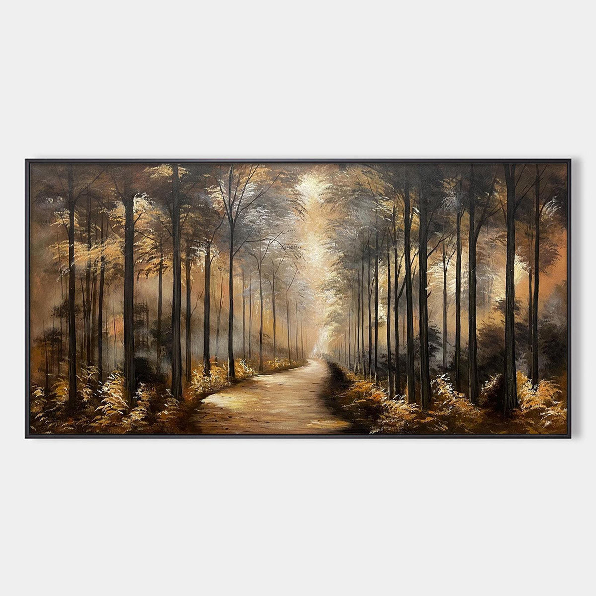 Whispers of the Woods: Original Panoramic Forest Path Oil Painting - Tranquil Landscape Wall Art