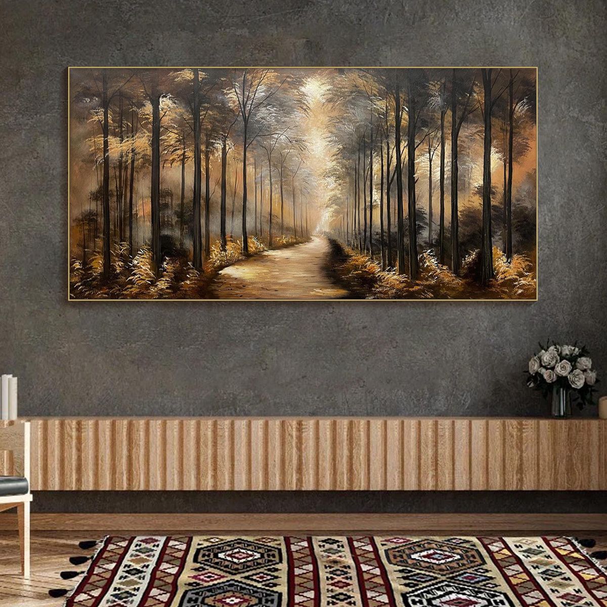Whispers of the Woods: Original Panoramic Forest Path Oil Painting - Tranquil Landscape Wall Art