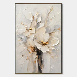 Textured white bloom flower painting with beige, gray and gold accents