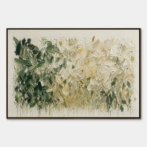 White botanical abstract painting with green foliage and layered impasto texture