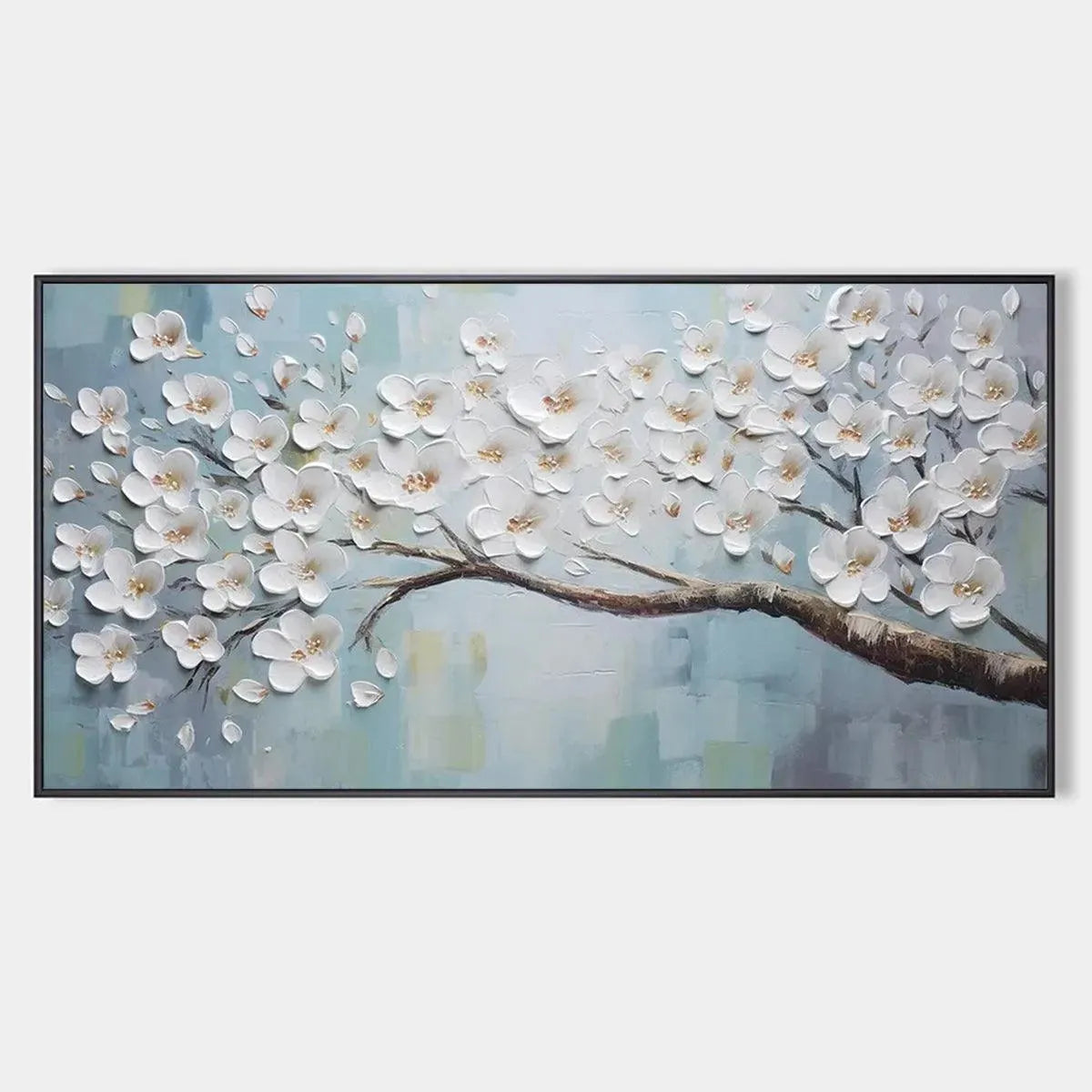 White Blossoms textured oil painting - handmade floral wall art with white flowers on blue background.