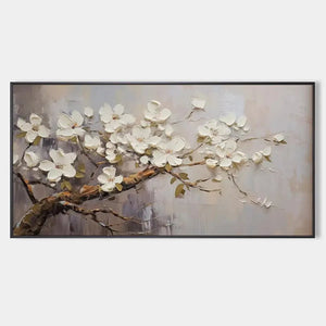 Textured Floral Painting, White Flower Wall Art, Panoramic Canvas, Impressionist Decor