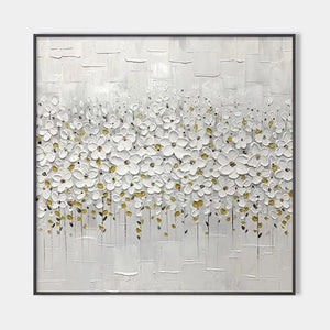 WHITE BLOSSOM FIELD textured white floral square wall art with raised impasto flowers and golden centers.