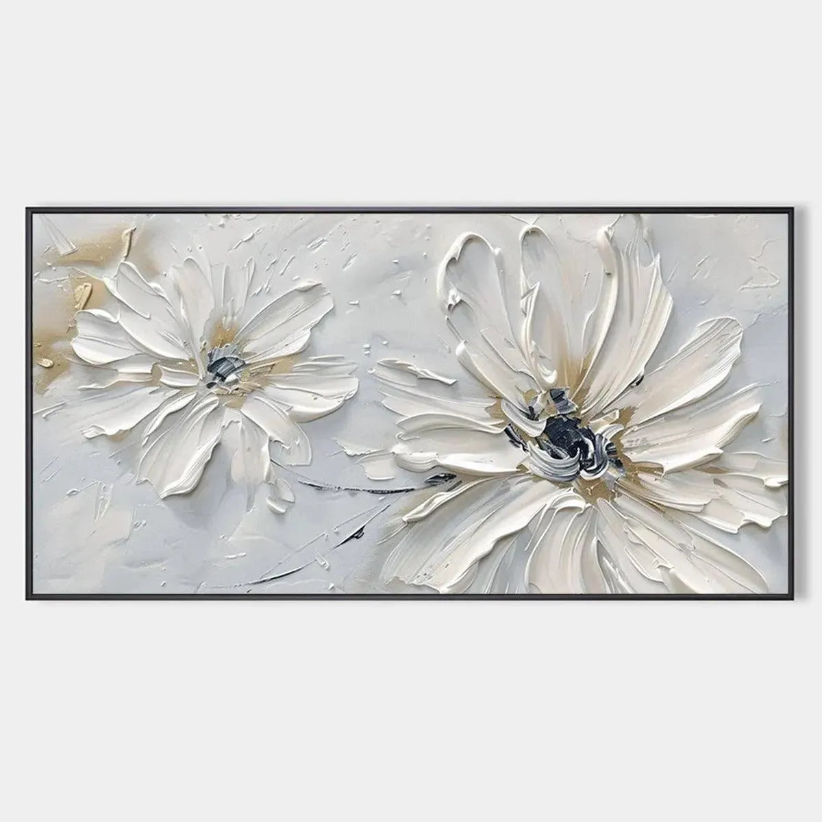 White Blossom Serenity: Textured white floral painting by Elodie Dubois, horizontal wall art, modern decor, framed artwork