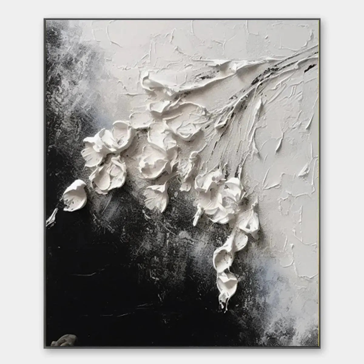 Textured white floral impasto painting on black and white background. Square wall art showcasing 3D floral texture.