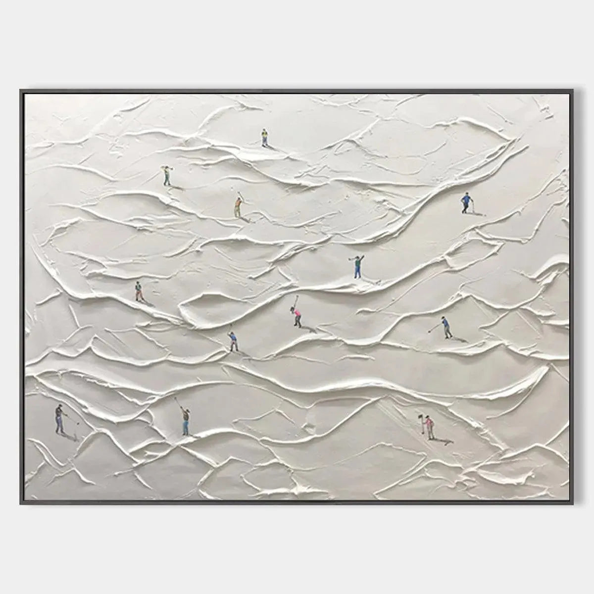 Textured abstract painting of a white golf landscape by Liam O'Connell, showcasing miniature golfers and impasto technique.
