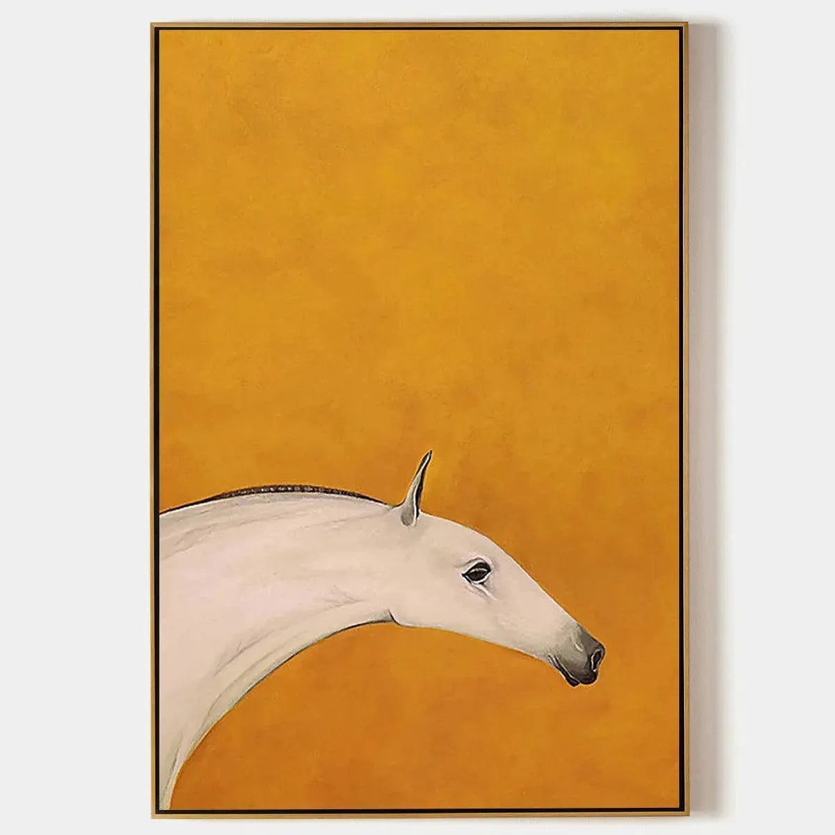 White Horse on Yellow by Javier Ramirez: Minimalist horse art, vertical wall decor, museum-quality oil painting.