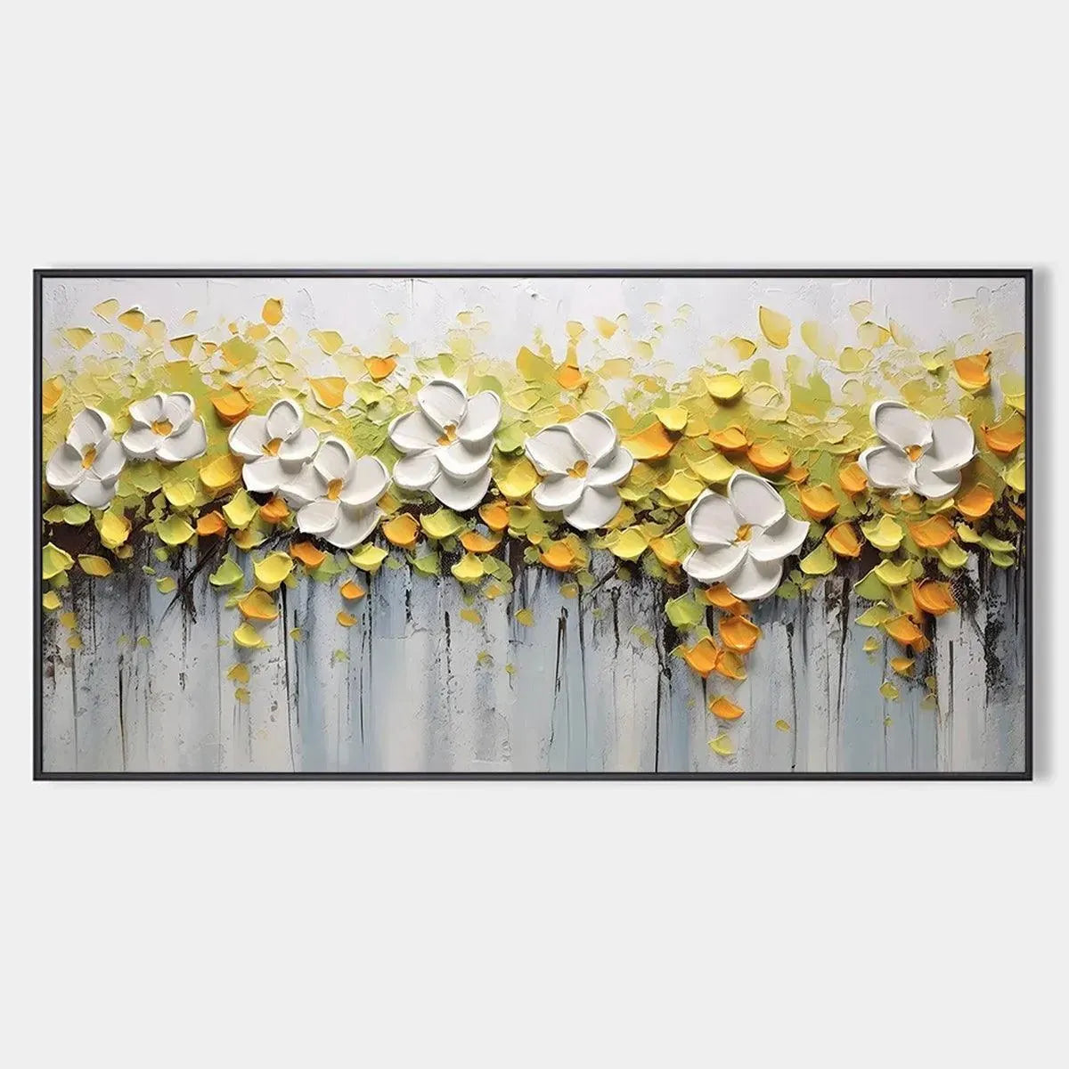 White Magnolias textured impasto painting: white flowers, yellow-green foliage, blue background, black frame.