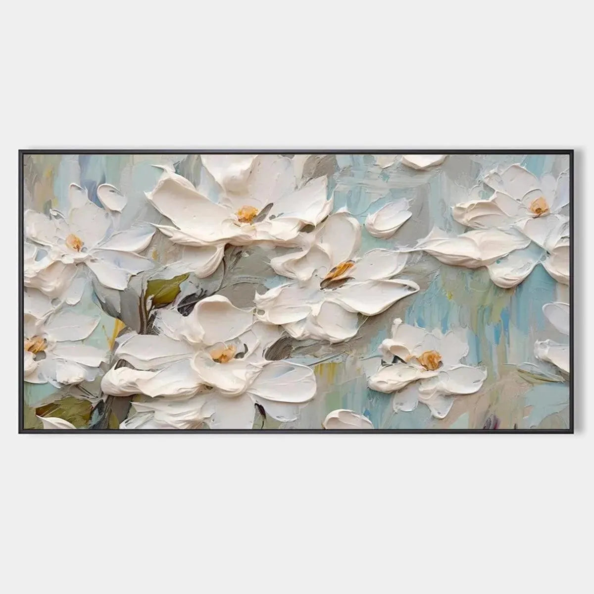 Textured impressionist painting, white magnolia blossoms, yellow centers, impasto brushstrokes, soft blue/green background.